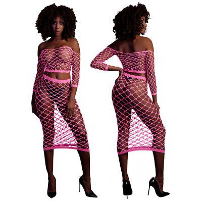 Glow in the Dark - Two Piece with Off-Shoulder Long Sleeve Crop Top and Long Skirt (Neon Pink)-Ouch!-