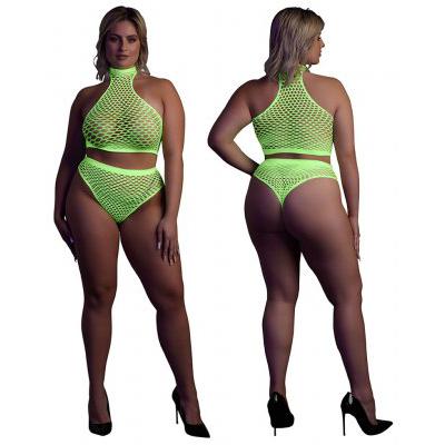 Glow in the Dark - Two Piece with Turtle Neck, Crop Top and High Waist Slip (Neon Green)-Ouch!-