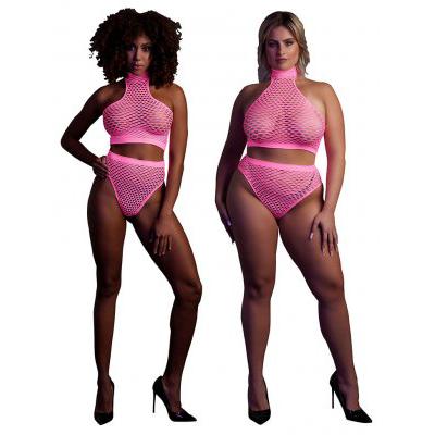 Glow in the Dark - Two Piece with Turtle Neck, Crop Top and High Waist Slip (Neon Pink)-Ouch!-