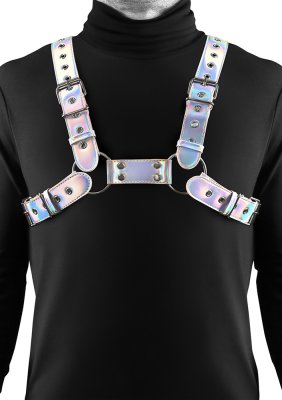 NS Novelties Cosmo Rogue snygg sexig skimrande glänsande regnbågsfärgad justerbar bröst byst sele harness för gay killar män bil